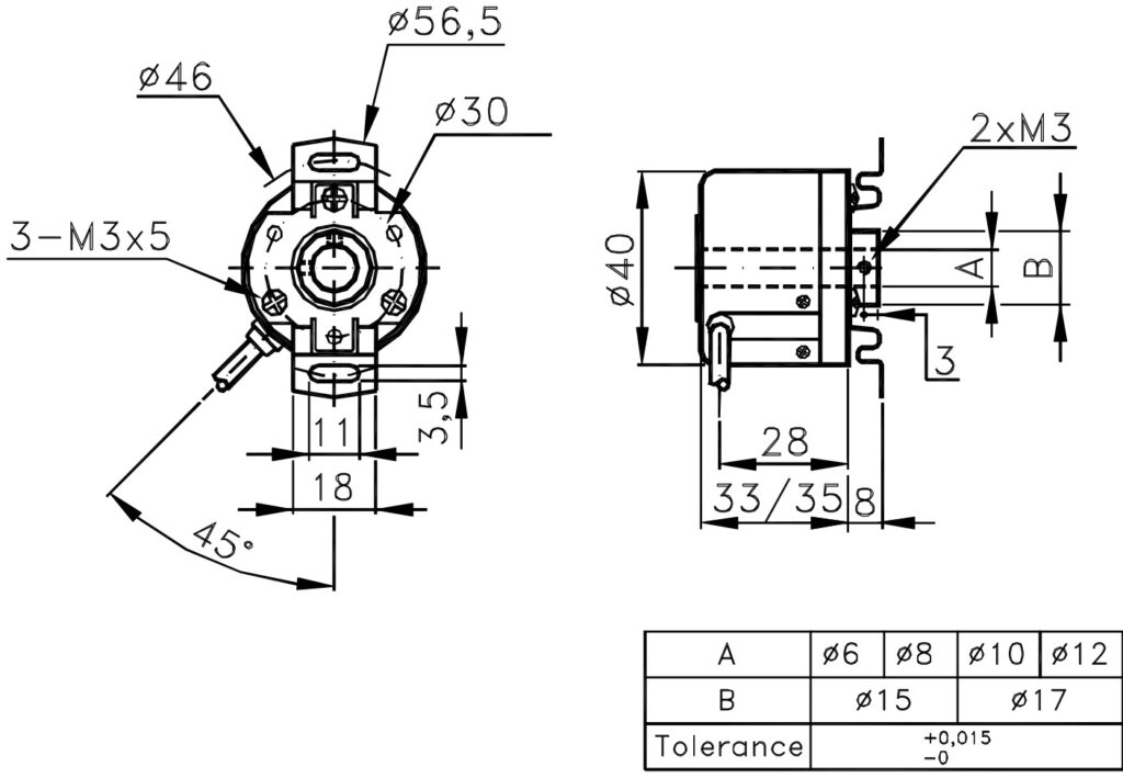 Plano dimensional del encoder incremental para motores ELCIS I/40Z