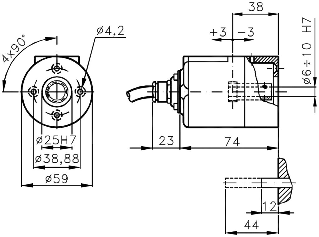 Plànol dimensional de l'encoder incremental per a motors ELCIS I/59