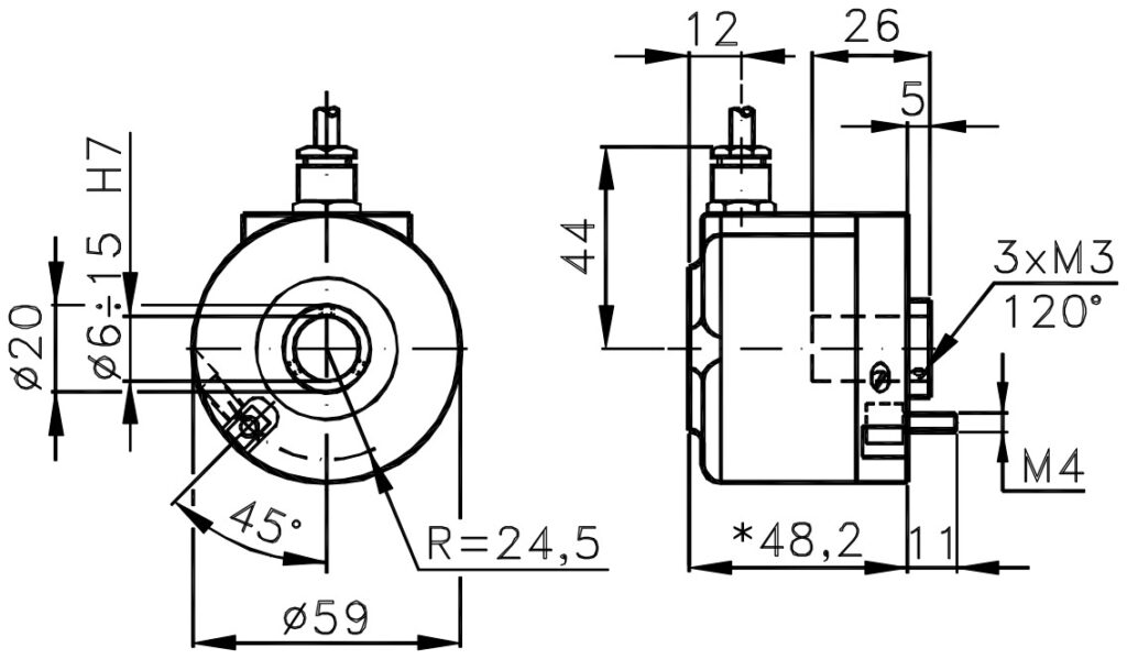 Dimensional drawing of the incremental encoder for ELCIS I/59C motors