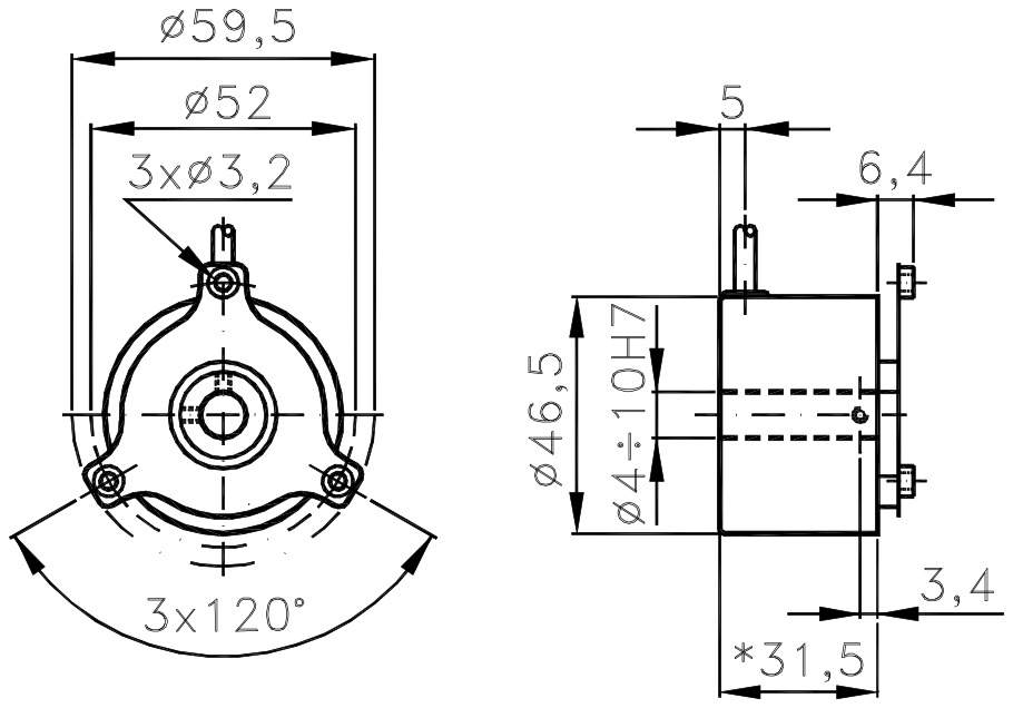 Dimensional drawing of the incremental encoder for ELCIS I/59P motors