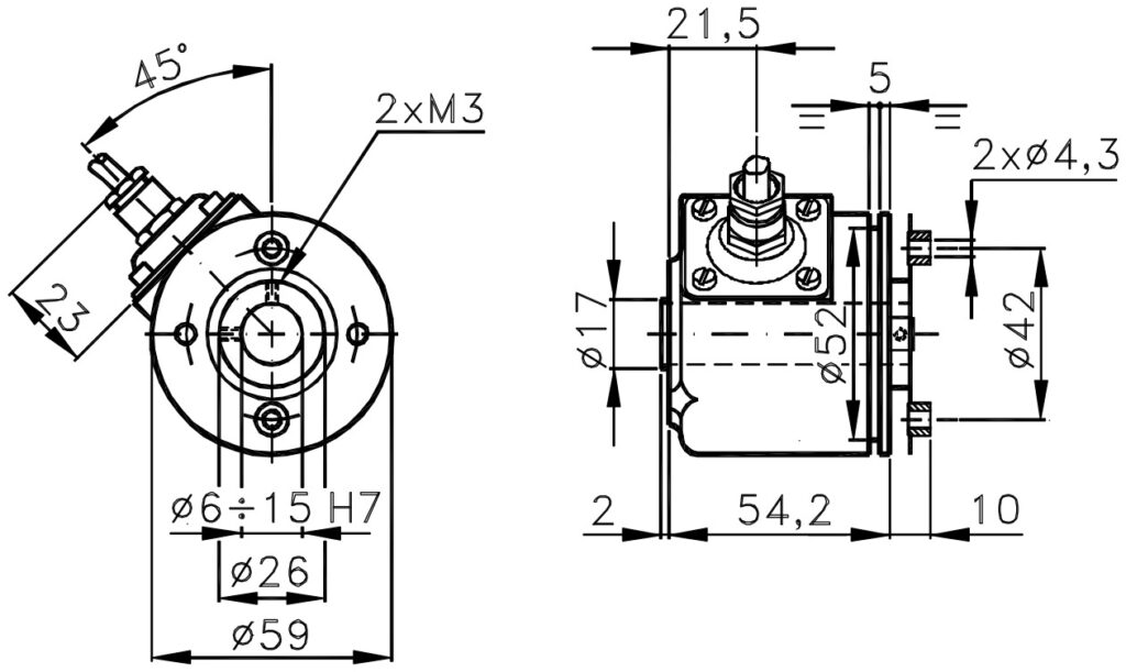 Desenho dimensional do encoder incremental para motores ELCIS I/59ZM