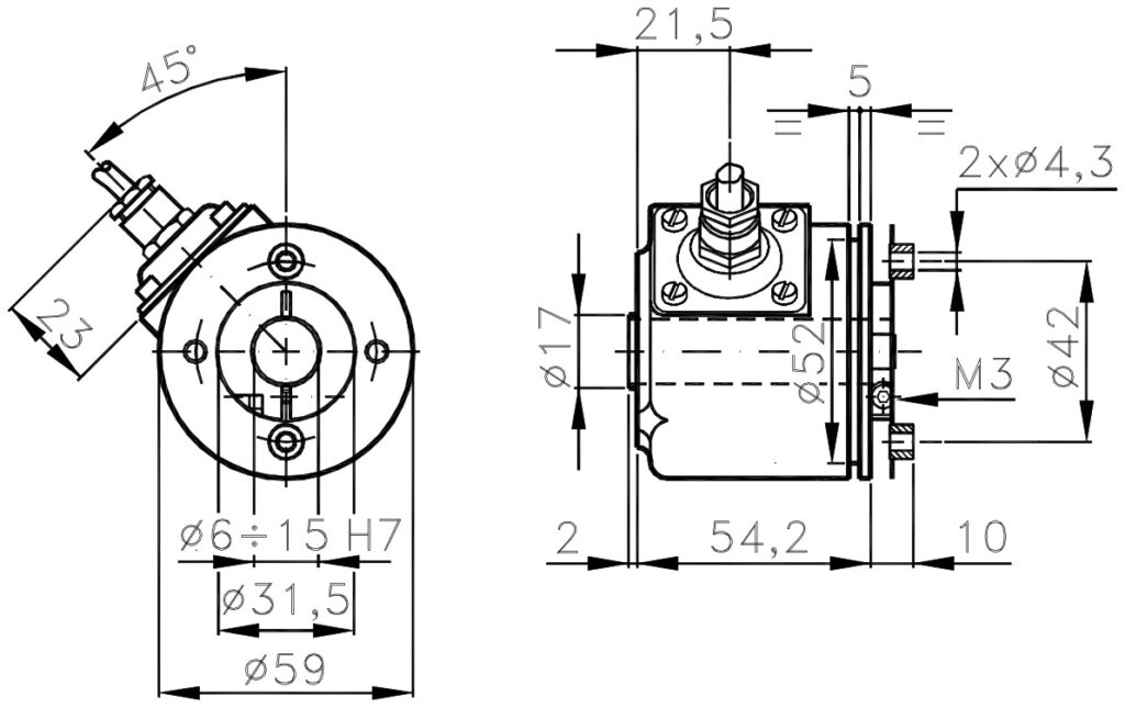Dimensional drawing of the incremental encoder for ELCIS I/59ZMA motors
