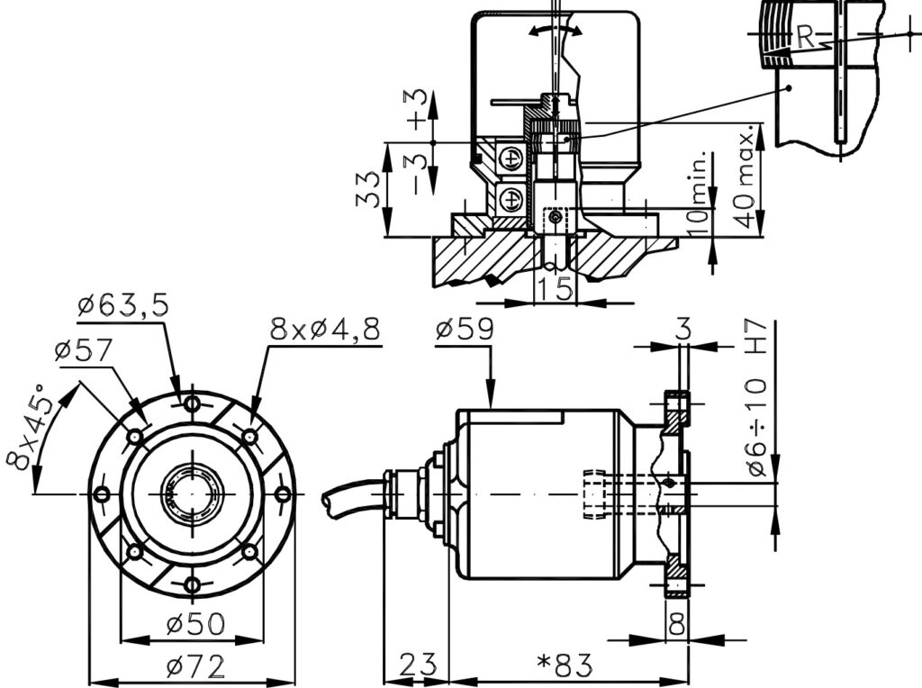 Desenho dimensional do encoder incremental para motores ELCIS I/72