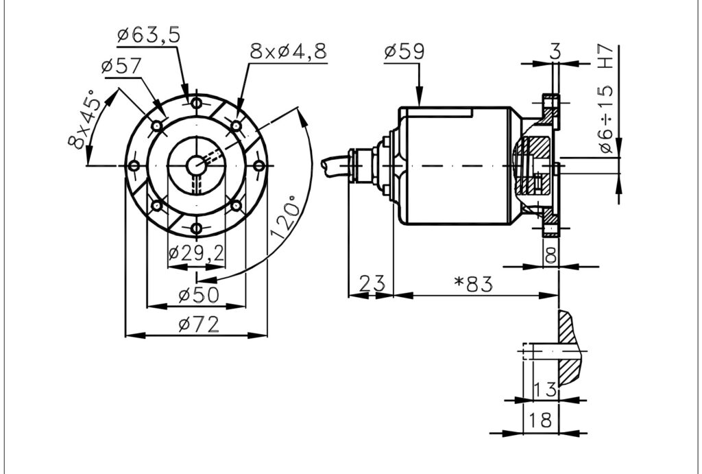 Debuxo dimensional do encoder incremental para motores ELCIS I/72E