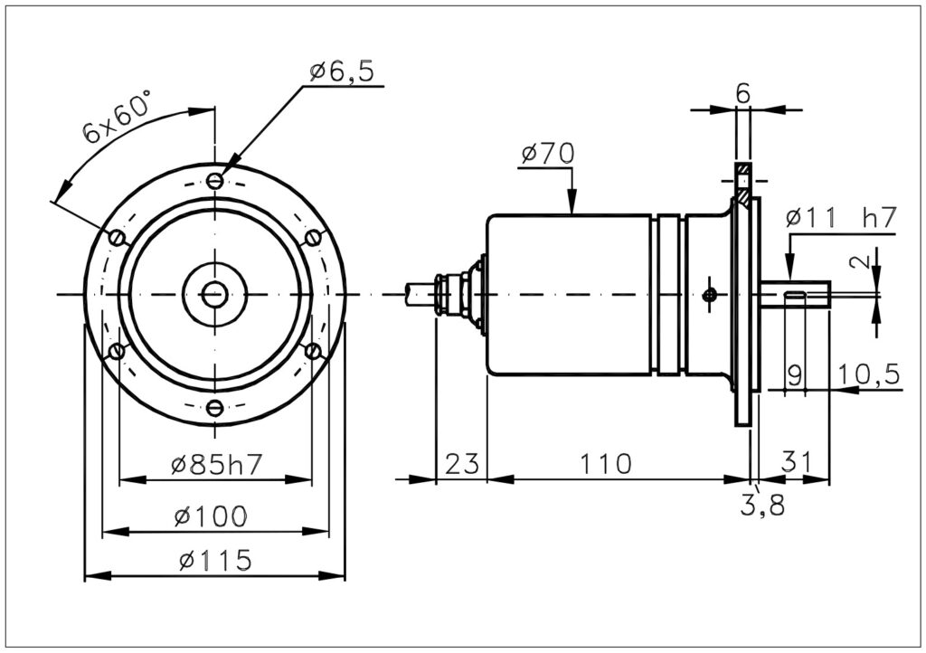 Dimensional drawing of the robust incremental encoder ELCIS I/115