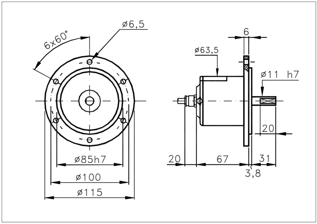 Desenho dimensional do codificador incremental robusto ELCIS I/115E.
