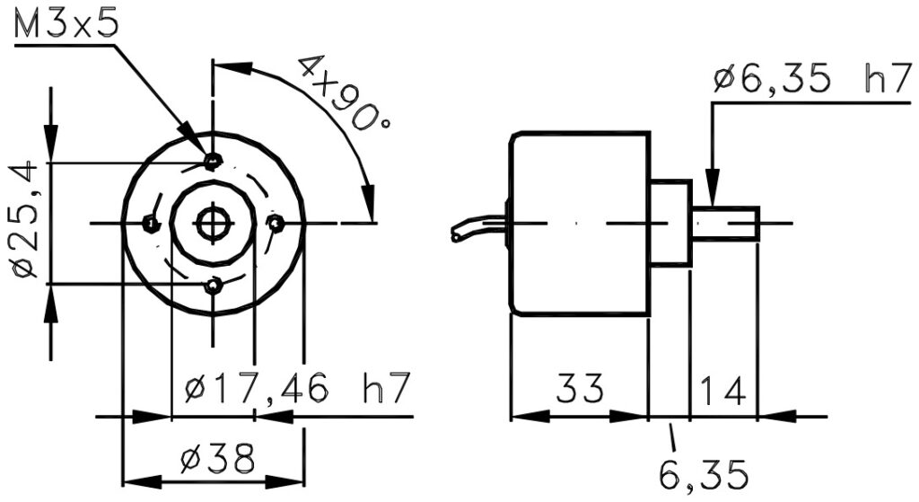 Schéma dimensionnel de l'encodeur magnétique absolu monotour ELCIS M338