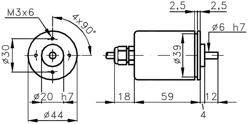 Debuxo dimensional do encoder magnético absoluto dunha volta ELCIS M344S