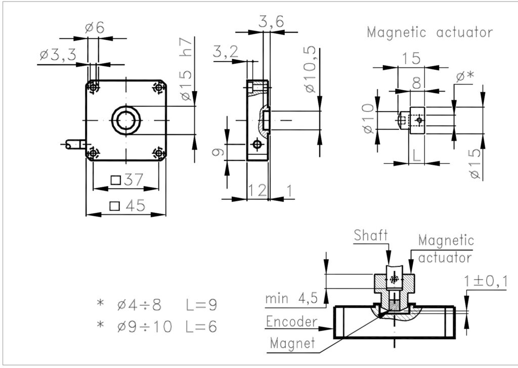 Plano dimensional del encoder magnético absoluto monovuelta ELCIS M345NC