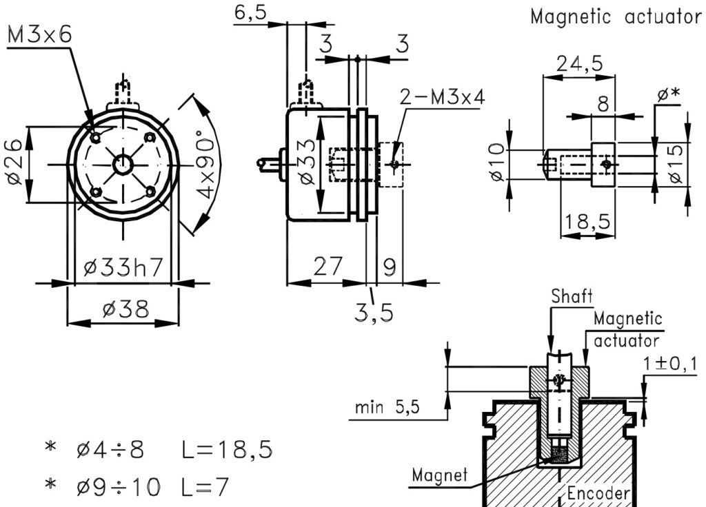 Desenho dimensional do codificador magnético incremental ELCIS M38SNC