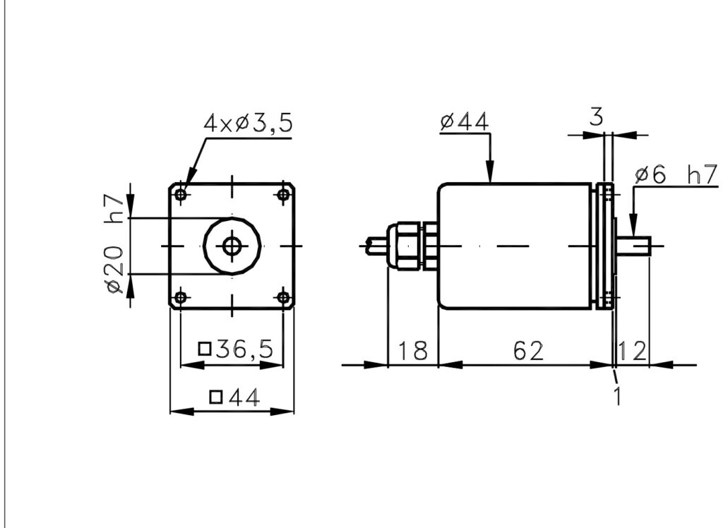 Desenho dimensional do codificador magnético incremental ELCIS M44Q