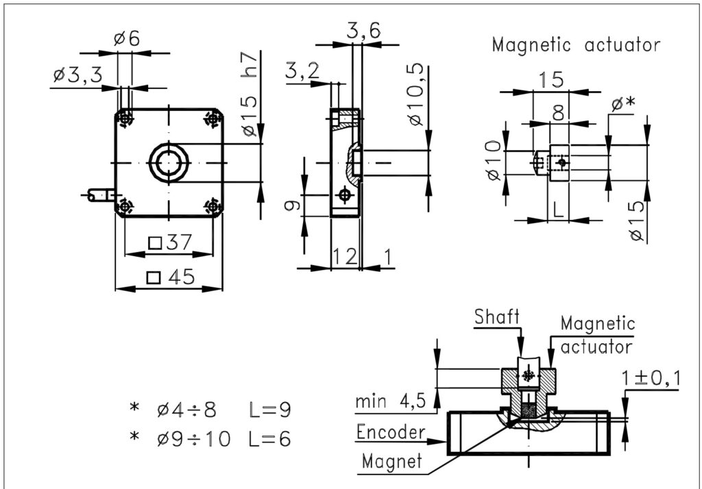 Desenho dimensional do codificador magnético incremental ELCIS M45NC
