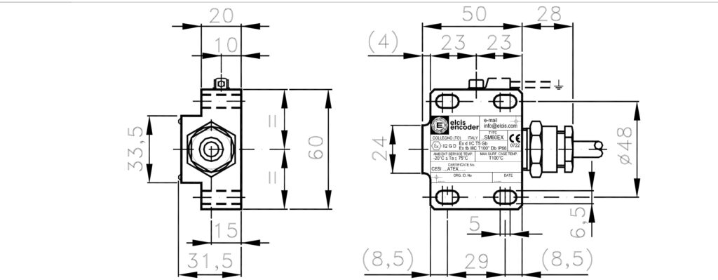 Schéma dimensionnel de l'encodeur sans contact ATEX ELCIS SM60EX