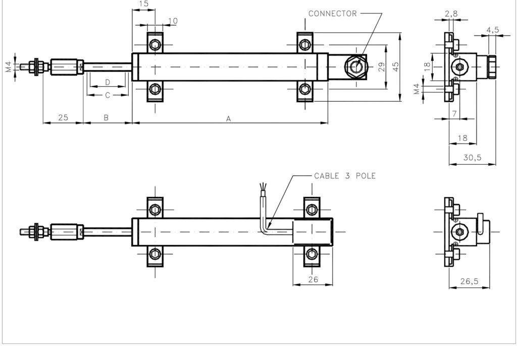 Desenho dimensional do potenciômetro linear ELCIS RPA