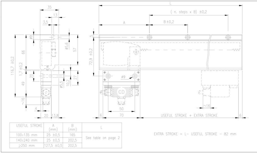 Plano dimensional del transductor lineal de cremallera ELCIS CR80
