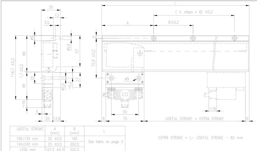 Schéma dimensionnel du transducteur linéaire à rack ELCIS CR85