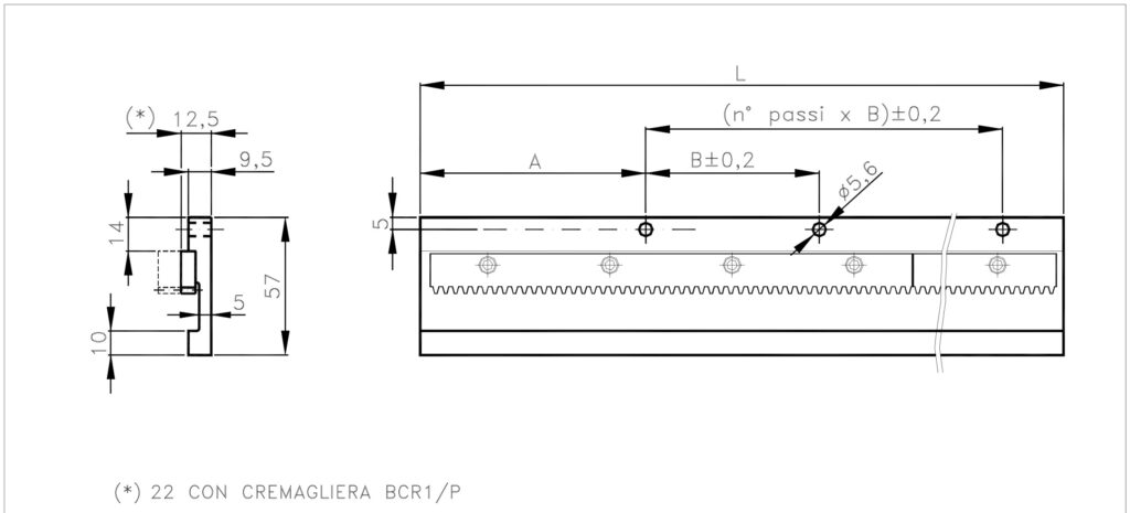 Plano dimensional del transductor lineal de cremallera ELCIS CRP