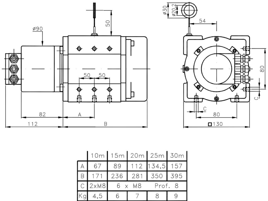 Plano dimensional del transductor lineal por cable ELCIS AF13
