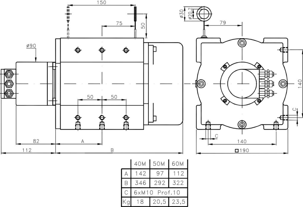 Desenho dimensional do transdutor de cabo linear ELCIS AF19