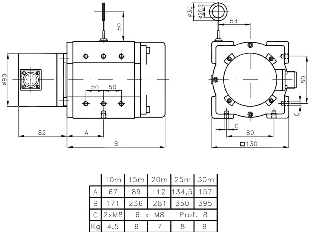 Plano dimensional del transductor lineal por cable ELCIS EF13I