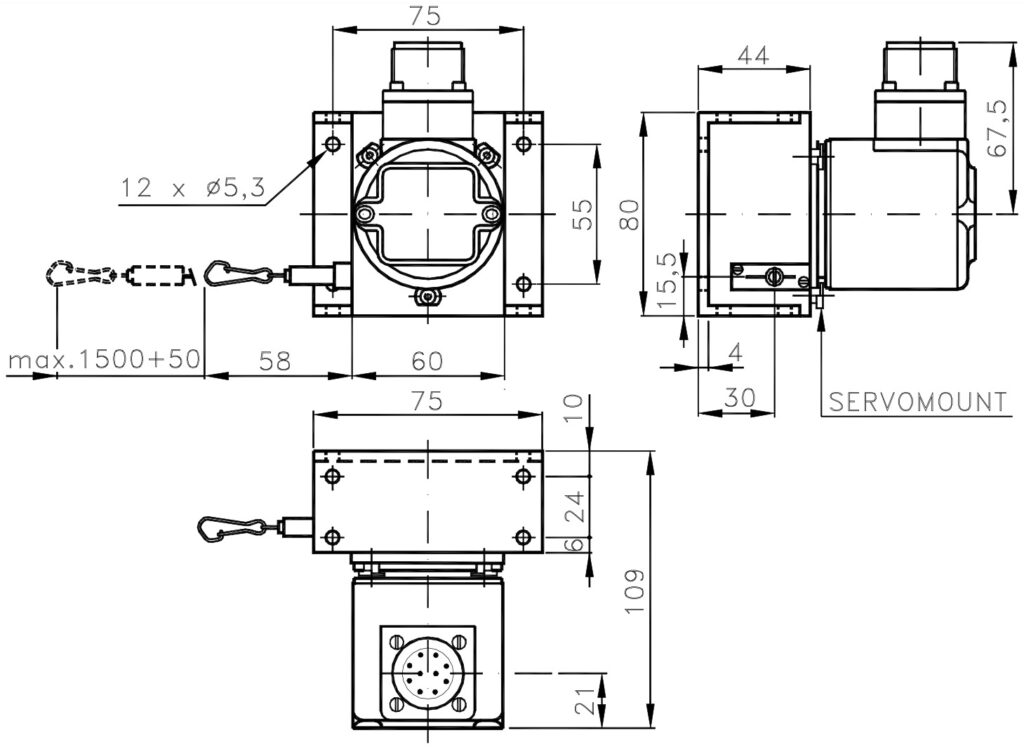 Plano dimensional del transductor lineal por cable ELCIS EF150