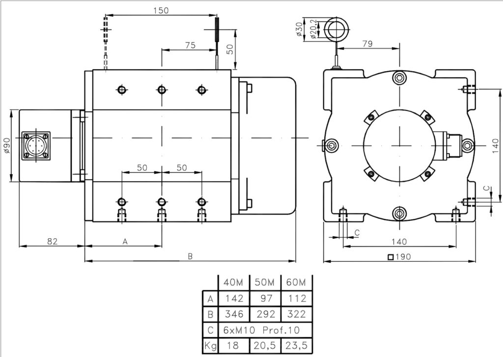 Plano dimensional del transductor lineal por cable ELCIS EF19I