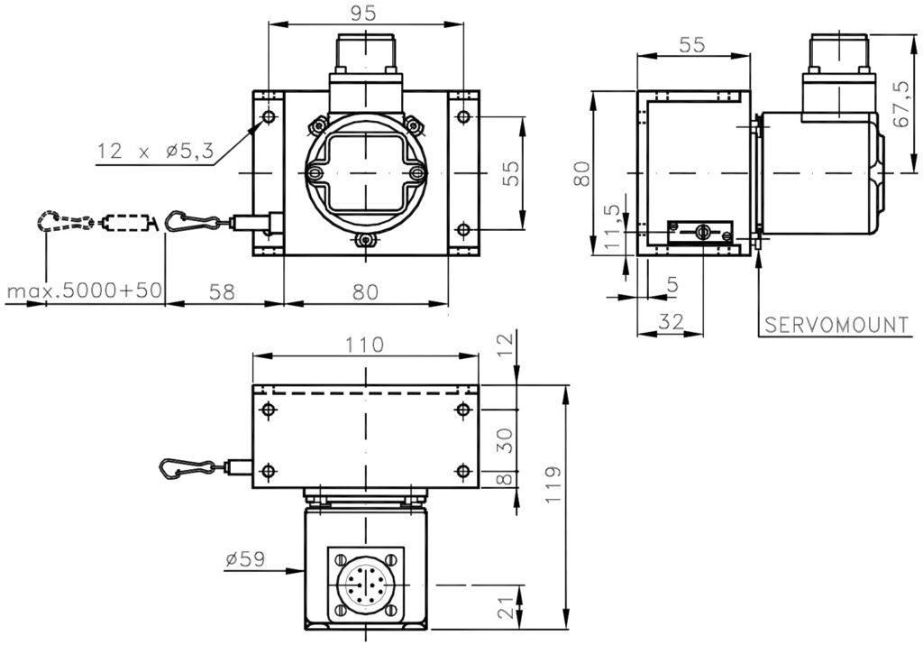 Plano dimensional del transductor lineal por cable ELCIS EF500