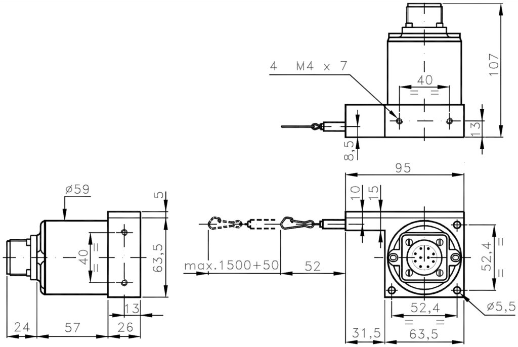 Plànol dimensional del transductor lineal per cable ELCIS EFK150