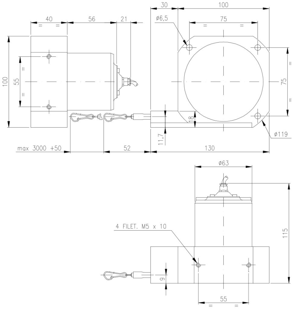 Plano dimensional del transductor lineal por cable ELCIS EFK200
