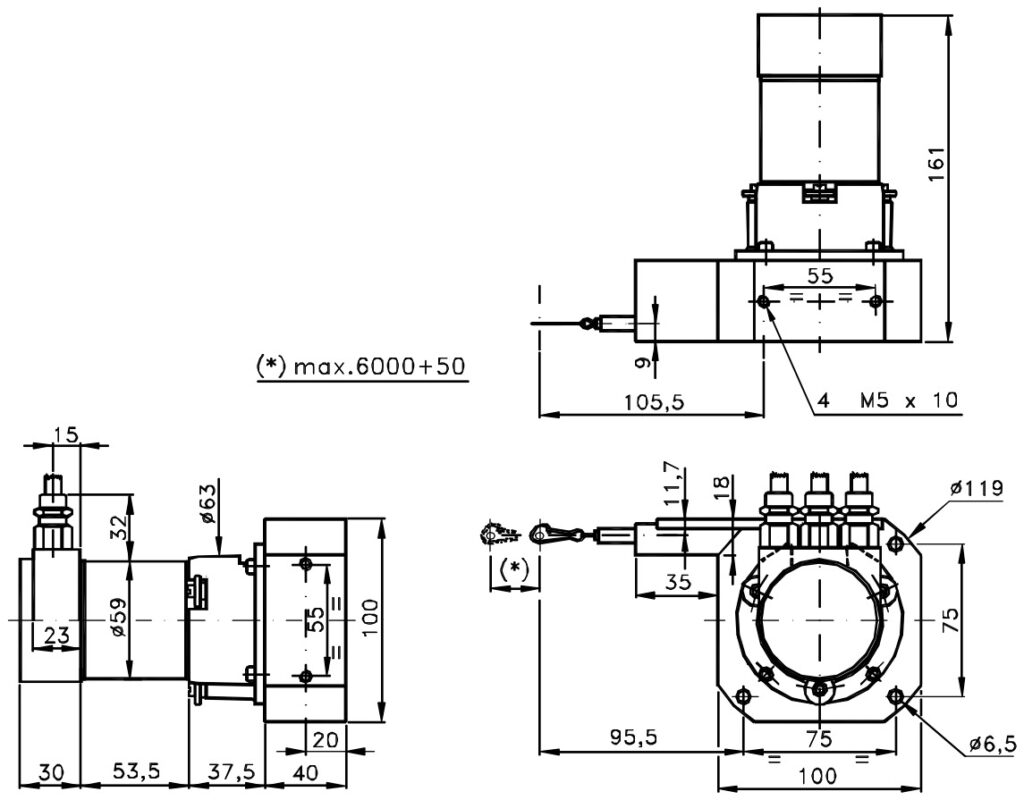 Plano dimensional del transductor lineal por cable ELCIS F600C