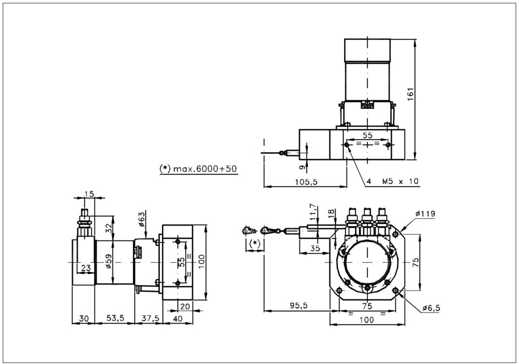 Plano dimensional del transductor lineal por cable ELCIS F600P