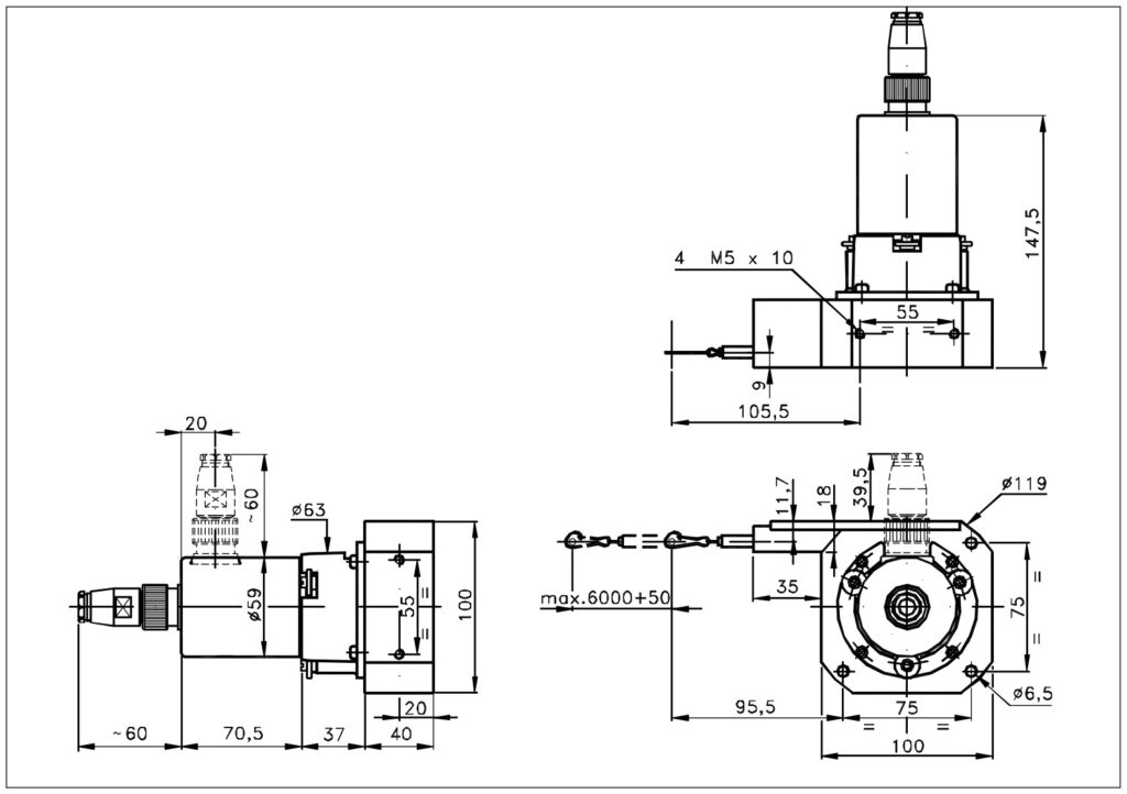 Plano dimensional del transductor lineal por cable ELCIS F600S