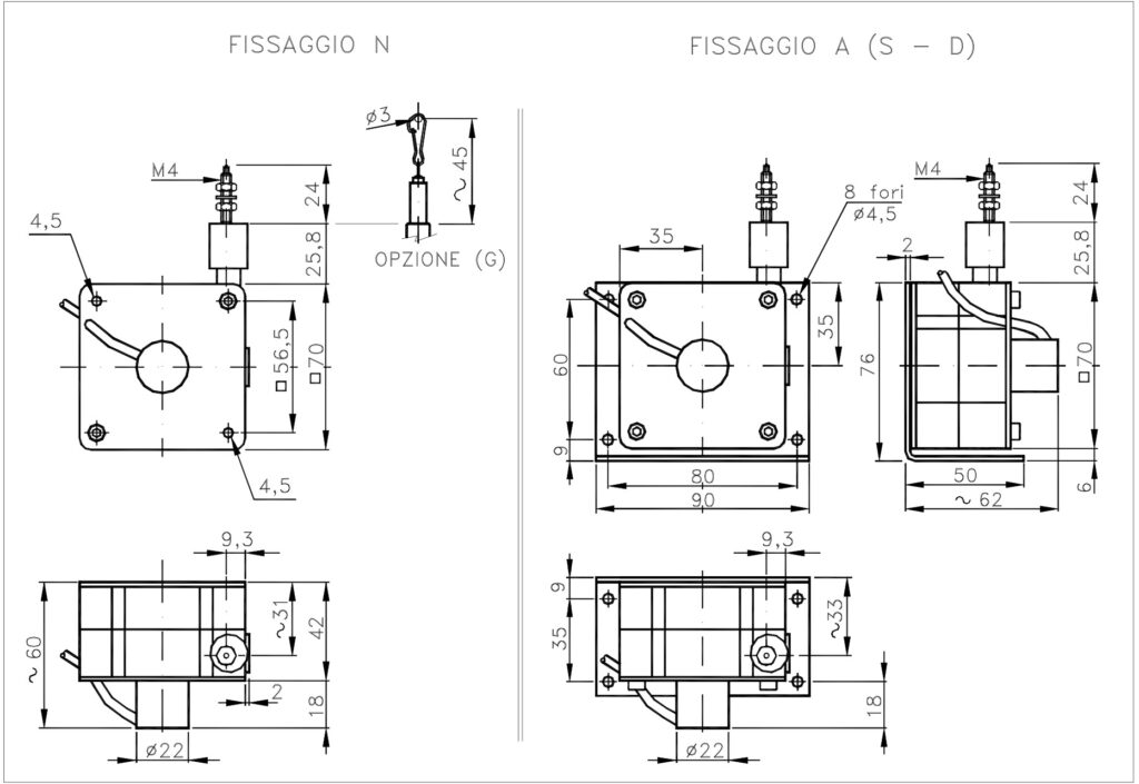 Plano dimensional del transductor lineal por cable ELCIS F7A