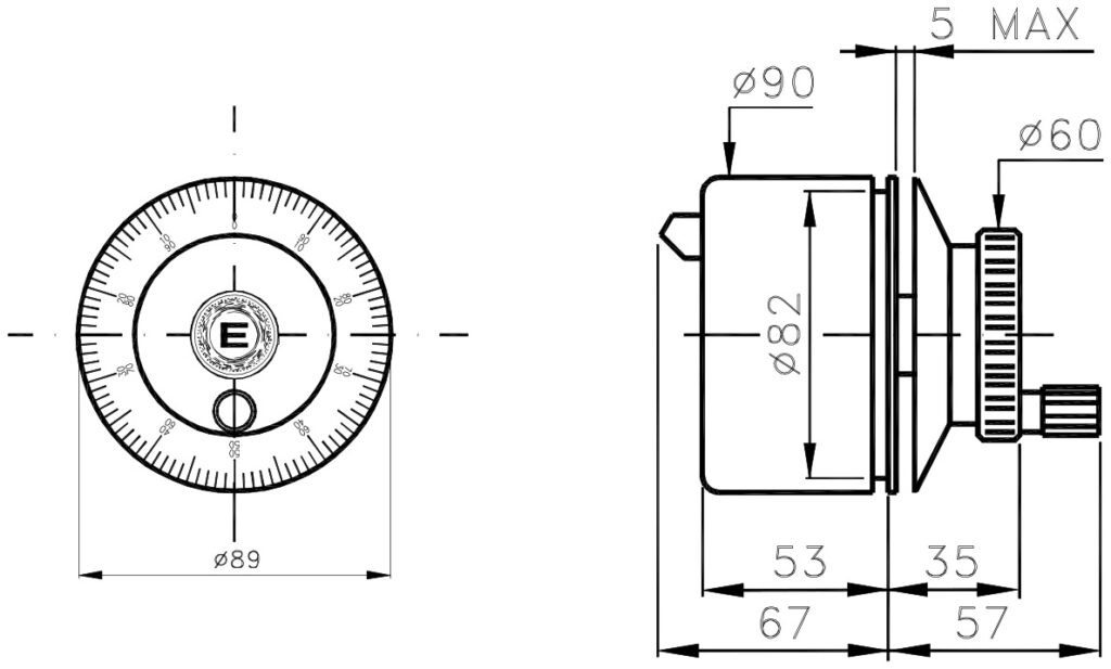 Dimensional drawing of the ELCIS VES110 electronic steering wheel