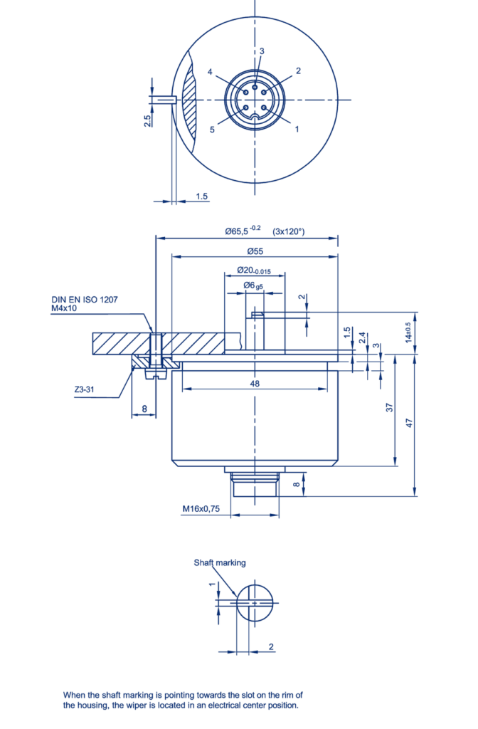 Plano dimensional Potenciómetro rotativo con salida en corriente IPE-6000 Novotechnik