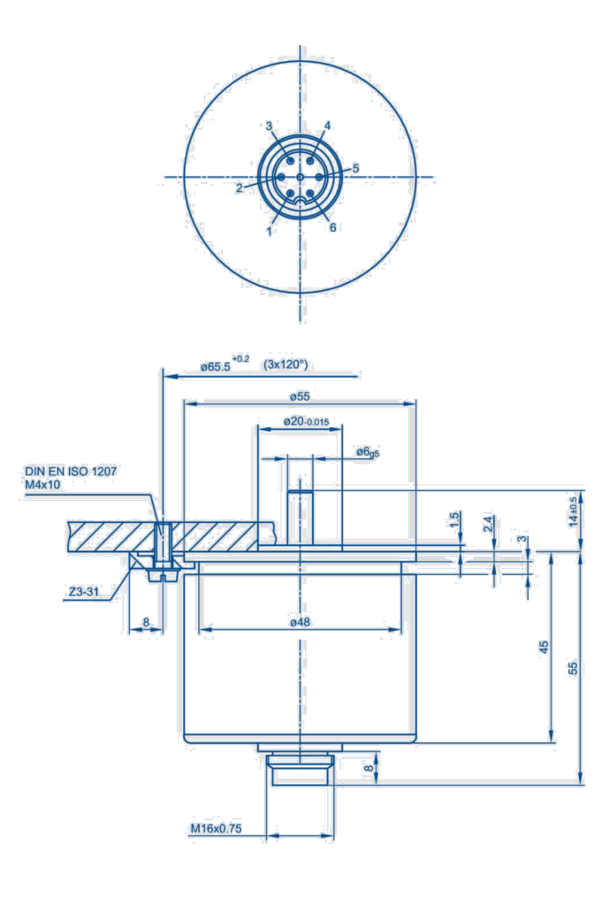 Plano dimensional Sensor de ángulo potenciométrico con electrónica AW-360 Novotechnik