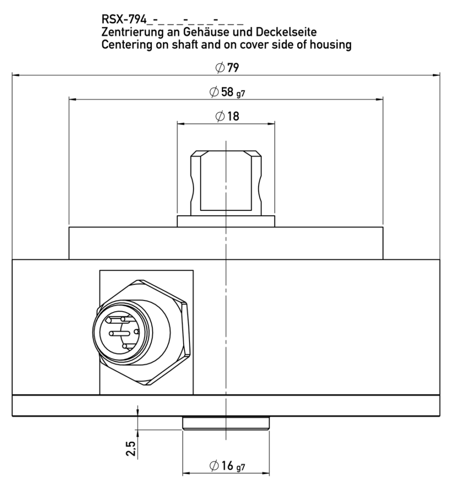 Plano dimensional Sensor de ángulo magnético sin contacto 4 ... 20 mA RSX-7900 analógico Novotechnik