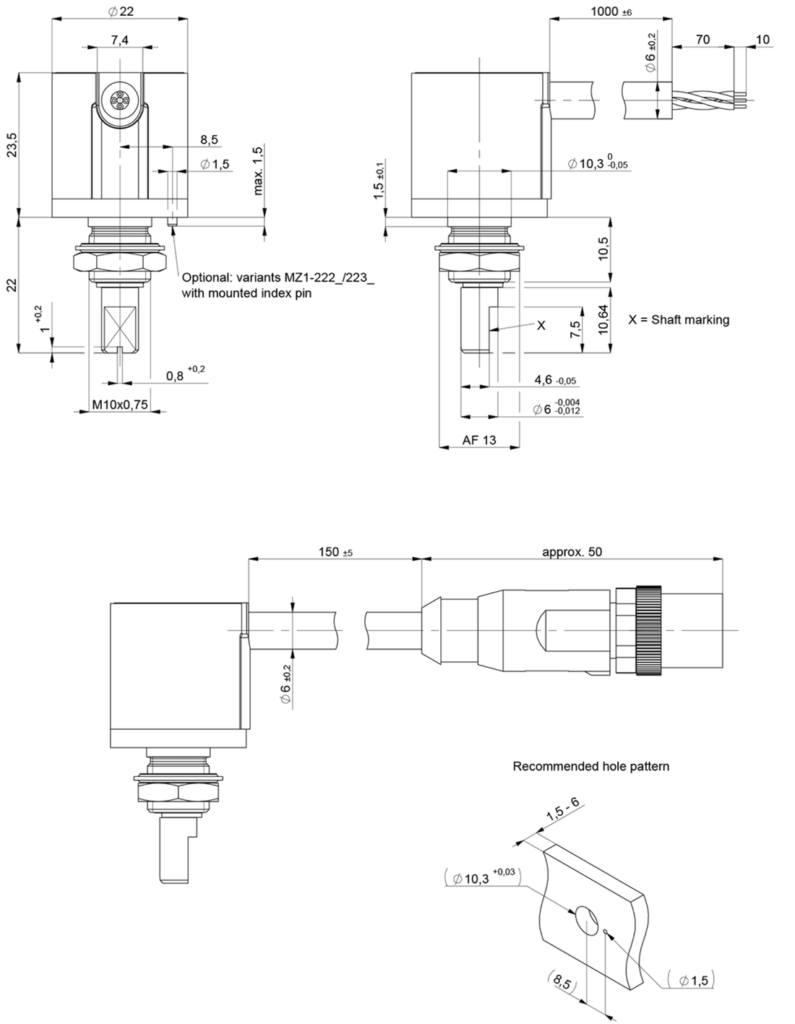 Plano dimensional Encoder magnético multivuelta miniatura MZ1-2200 ratiométrico Novotechnik