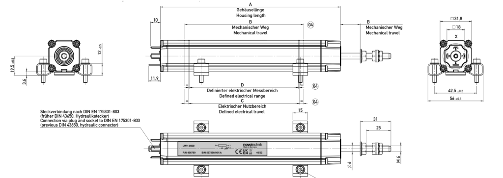 Plano dimensional Transductor lineal potenciométrico de vástago LWH Novotechnik
