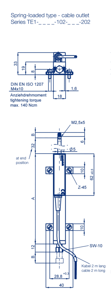 Plano dimensional Transductor potenciométrico con retorno elástico TE1 Novotechnik