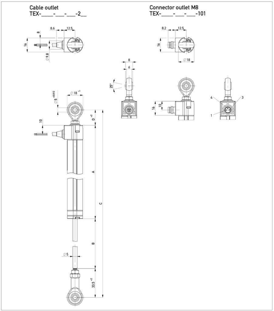 Plano dimensional Transductor potenciométrico con rótulas TEX Novotechnik