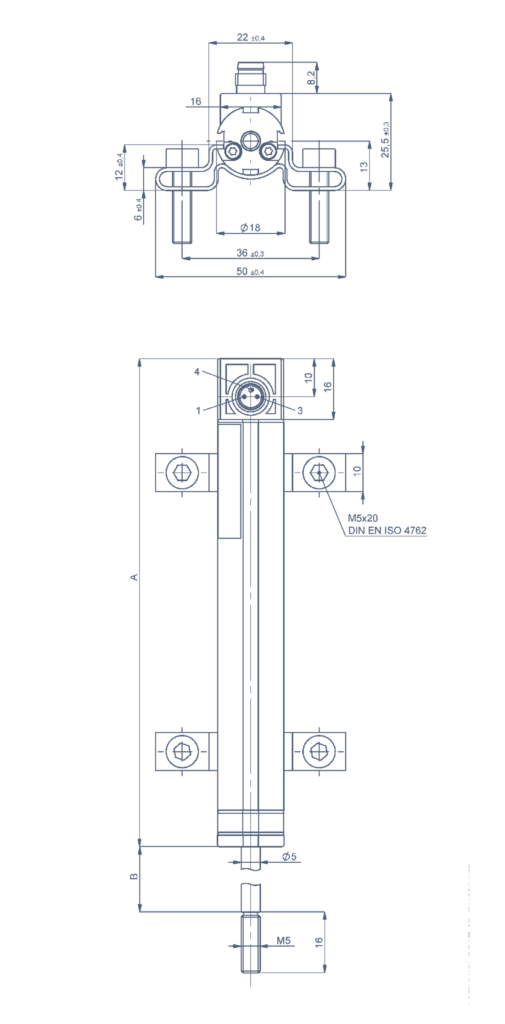 Plano dimensional Transductor potenciométrico con vástago TEX Novotechnik
