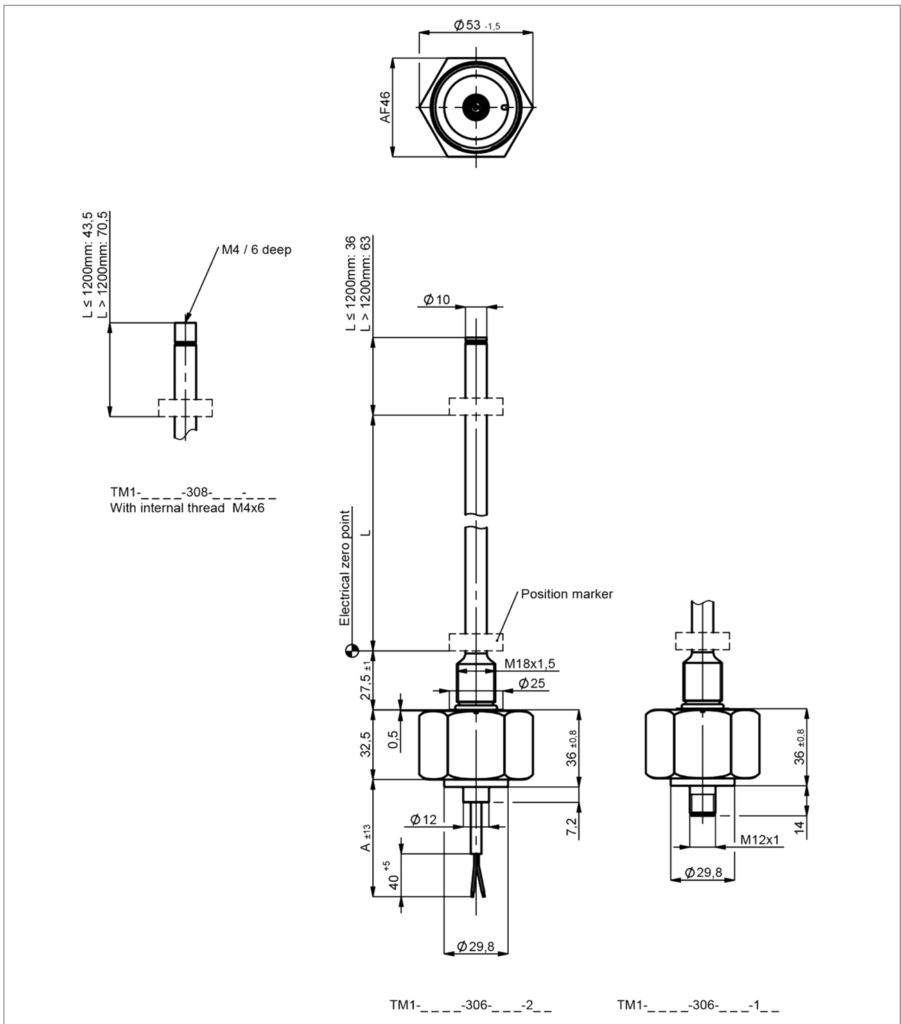 Plano dimensional Transductor magnetostrictivo TM1 de brida roscada analógico Novotechnik