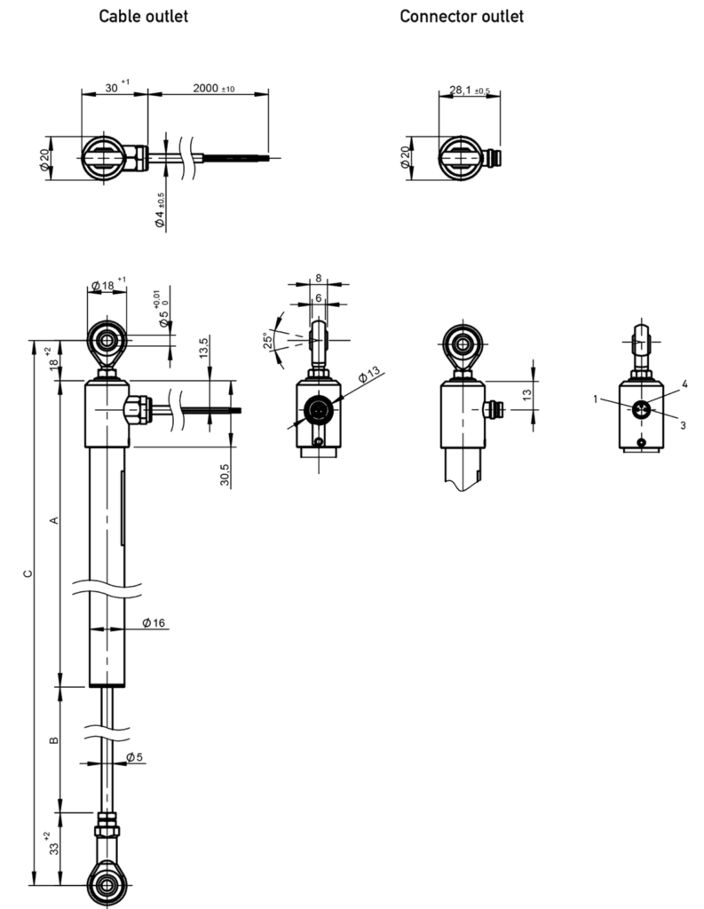 Plano dimensional Transductor potenciométrico con rótulas TX2 Novotechnik
