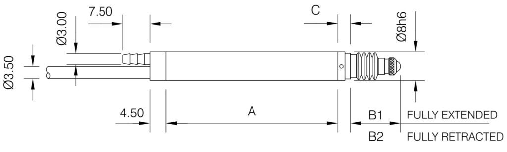 Plànol dimensional del palpador LVDT Schreiber SM224 amb cos de 8 mm