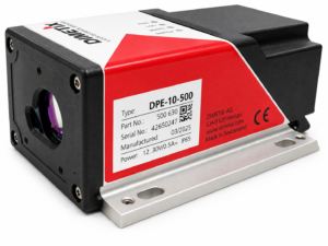 Front and side view of the Dimetix DPE-10-500 industrial laser sensor, with measuring lens and mounting bracket, on a white background.