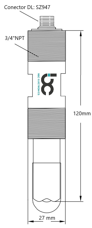 B&C Electronics SZ1140 pH sentsorearen marrazki teknikoa, 120 mm-ko luzera, 27 mm-ko diametroa, 3/4" NPT haria eta DL konexioa.